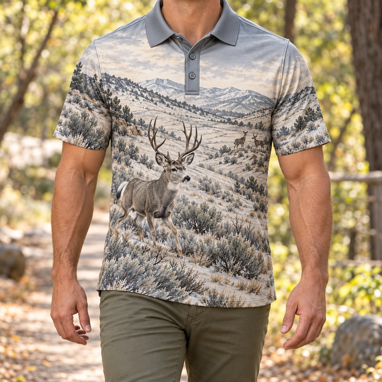 Mule Deer Mountains Winter Brush Polo Shirt - Model wearing the product