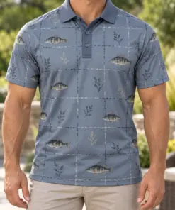 Perch Waterleaf Plaid Slate Stone Polo Shirt - Model wearing the product