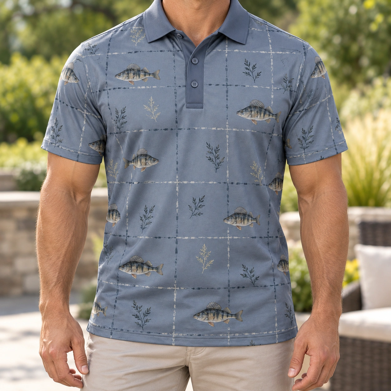 Perch Waterleaf Plaid Slate Stone Polo Shirt - Model wearing the product