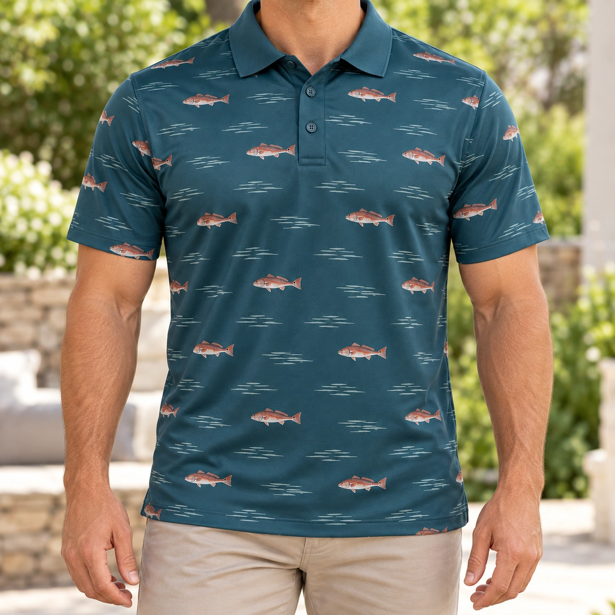 Redfish Tidal Steps Petrol Ash Polo Shirt - Model wearing the product
