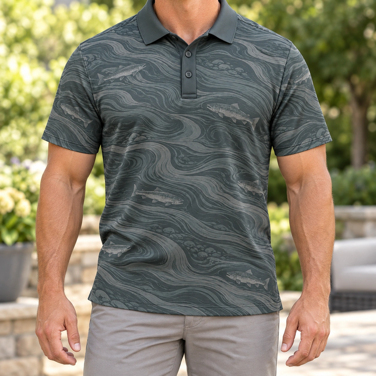 Salmon River Grain Smoke Pine Polo Shirt - Model wearing the product