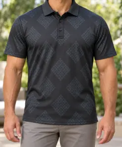Scale Broken Argyle Graphite Petrol Polo Shirt - Model wearing the product