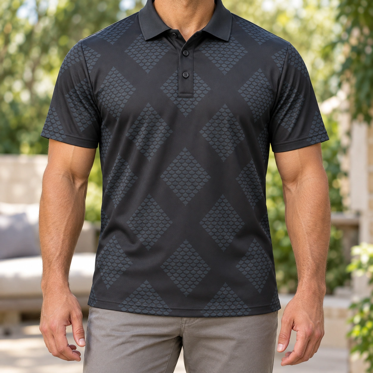 Scale Broken Argyle Graphite Petrol Polo Shirt - Model wearing the product