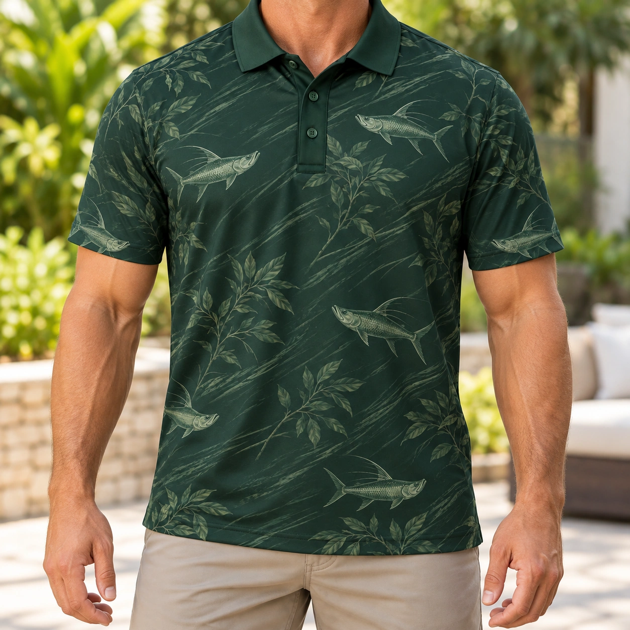 Tarpon Mangrove Veil Forest Smoke Polo Shirt - Model wearing the product