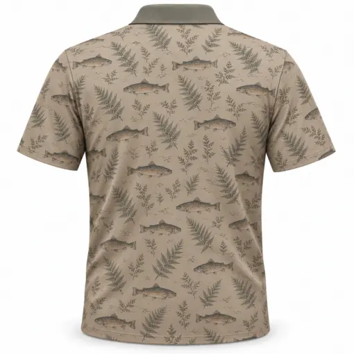 Trout Fern Tiles Taupe Sage Polo Shirt - Back view