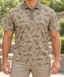 Trout Fern Tiles Taupe Sage Polo Shirt - Model wearing the product