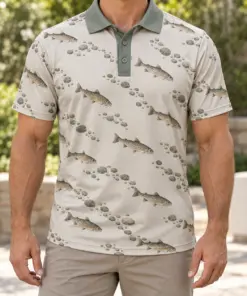 Trout Pebble Mosaic Stone Slate Polo Shirt - Model wearing the product