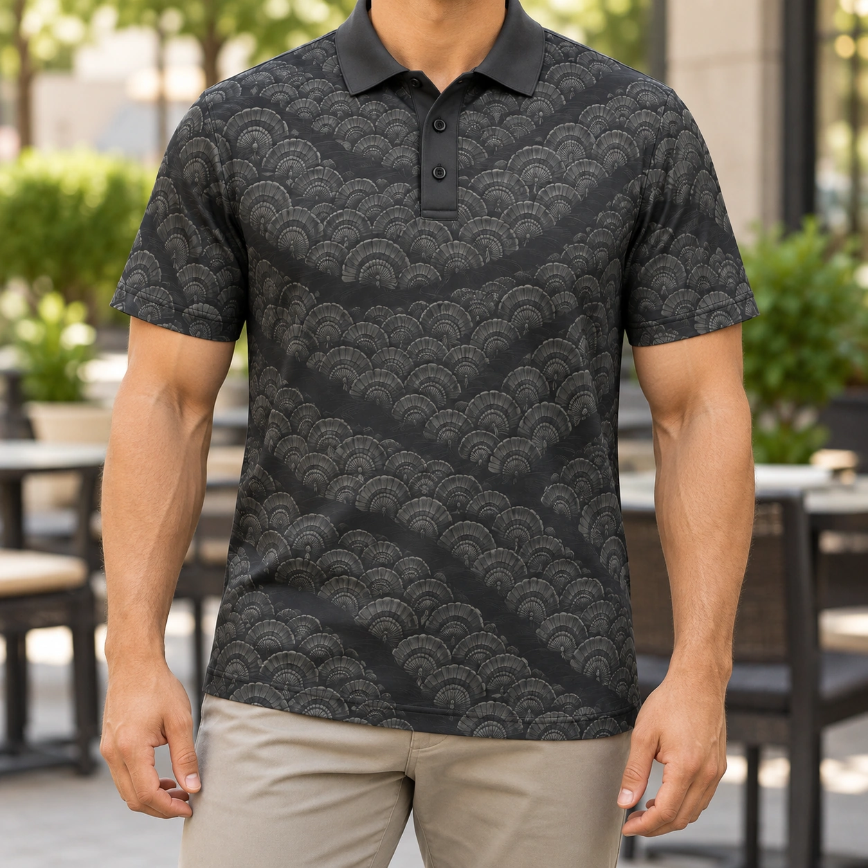 Turkey Fan Current Graphite Sage Polo Shirt - Model wearing the product