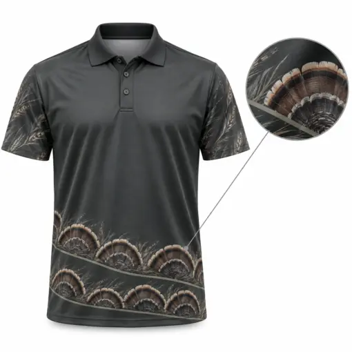 Turkey Fan Hem Crescents Charcoal Sage Polo Shirt - Front view