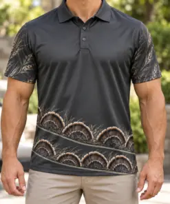 Turkey Fan Hem Crescents Charcoal Sage Polo Shirt - Model wearing the product
