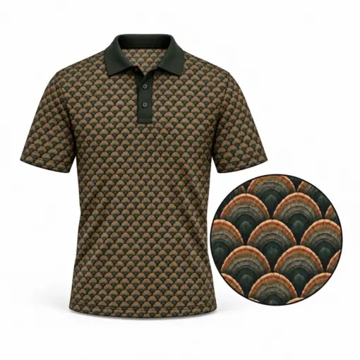 Turkey Fan Mosaic Forest Bronze Polo Shirt - Front view