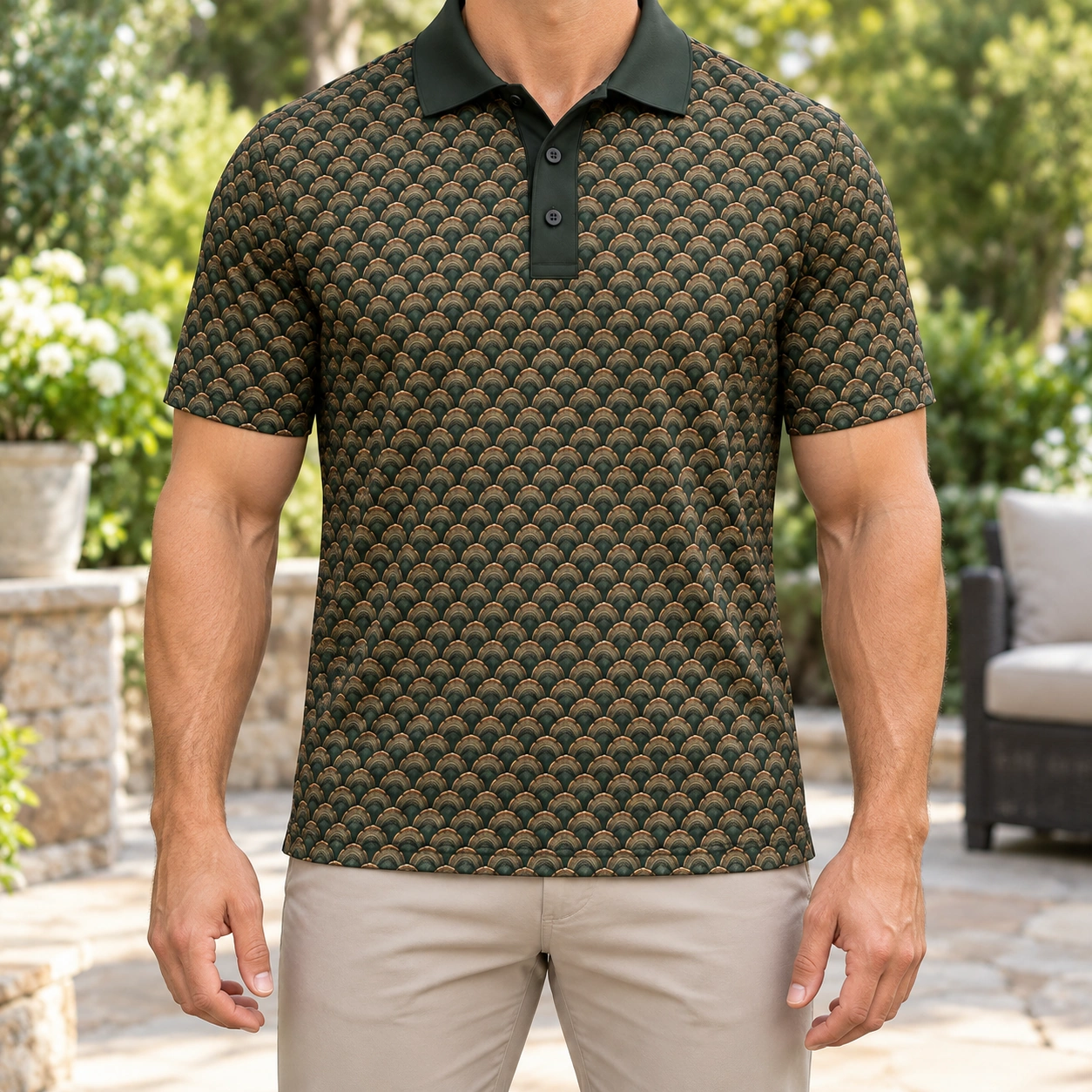 Turkey Fan Mosaic Forest Bronze Polo Shirt - Model wearing the product