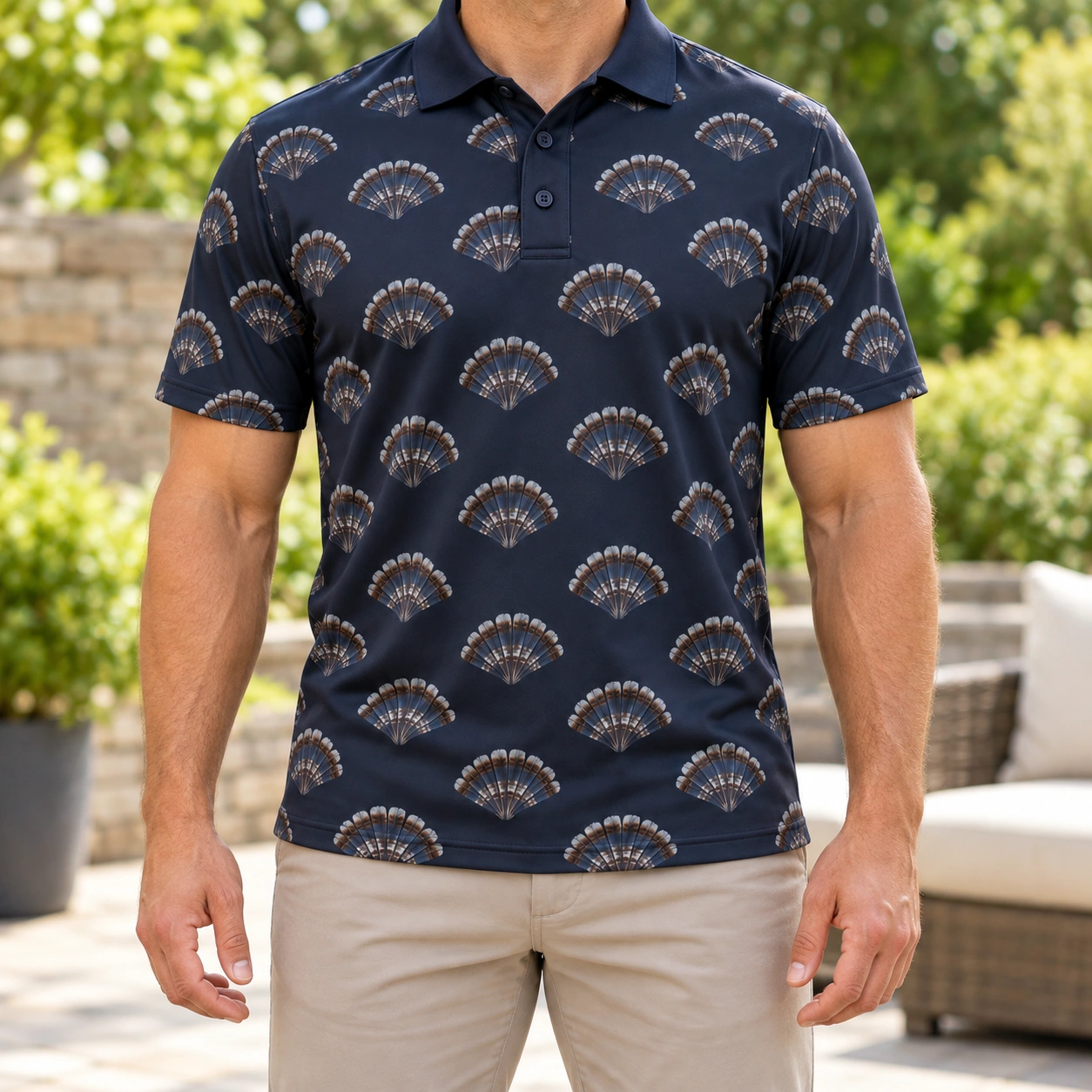 Turkey Fan Open Arch Ink Pewter Polo Shirt - Model wearing the product