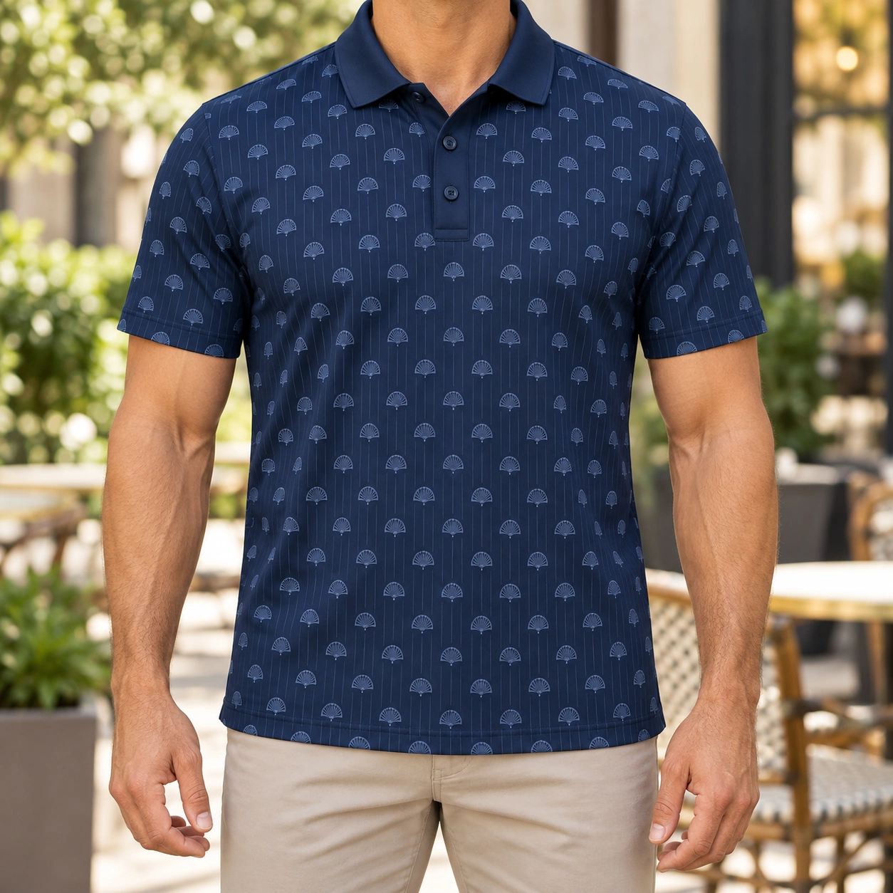 Turkey Fan Pinstripe Midnight Slate Polo Shirt - Model wearing the product