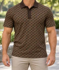 Turkey Fan Weave Bark Copper Polo Shirt - Model wearing the product