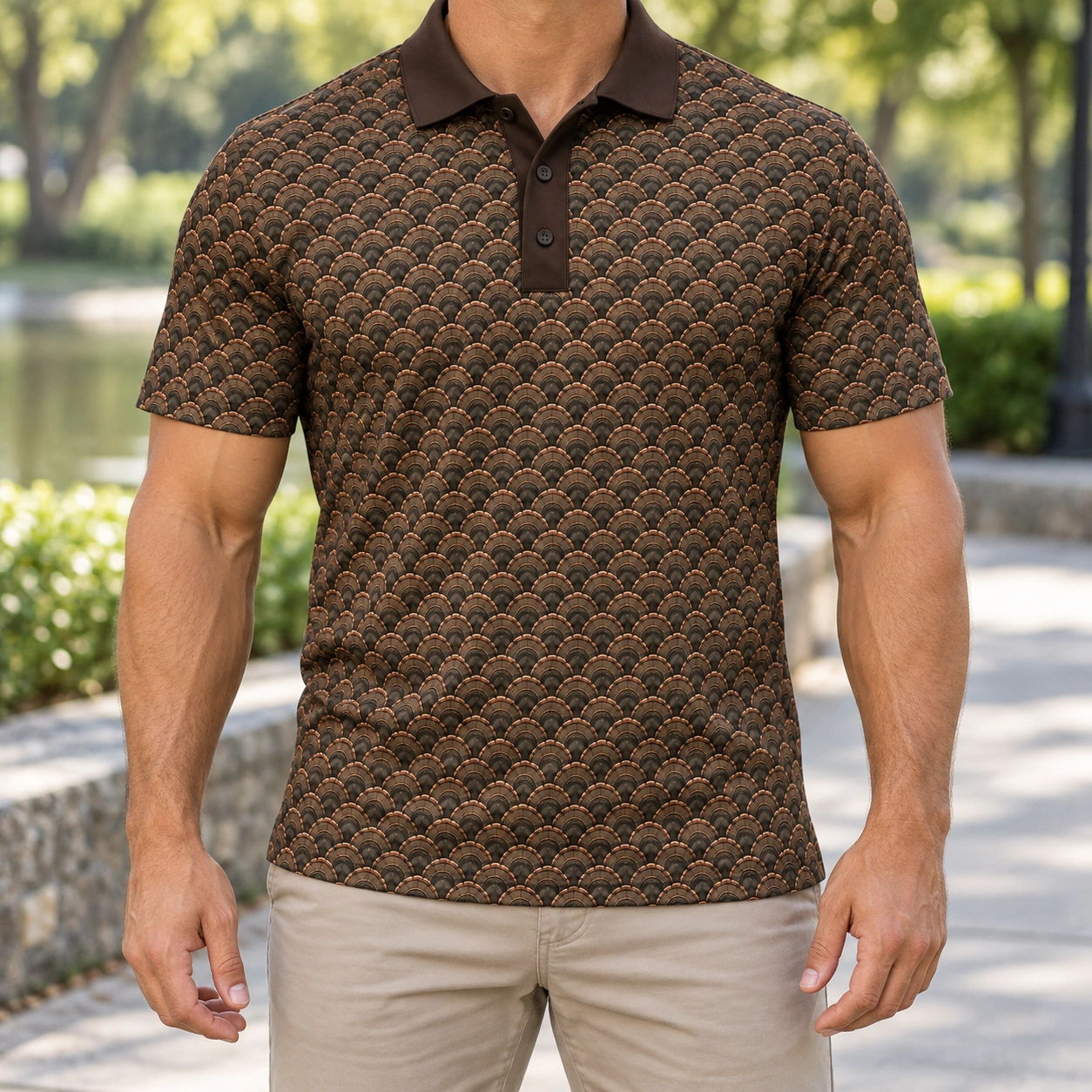 Turkey Fan Weave Bark Copper Polo Shirt - Model wearing the product