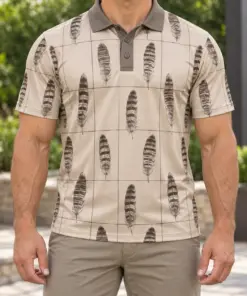 Turkey Feather Fine Window Oat Graphite Polo Shirt - Model wearing the product