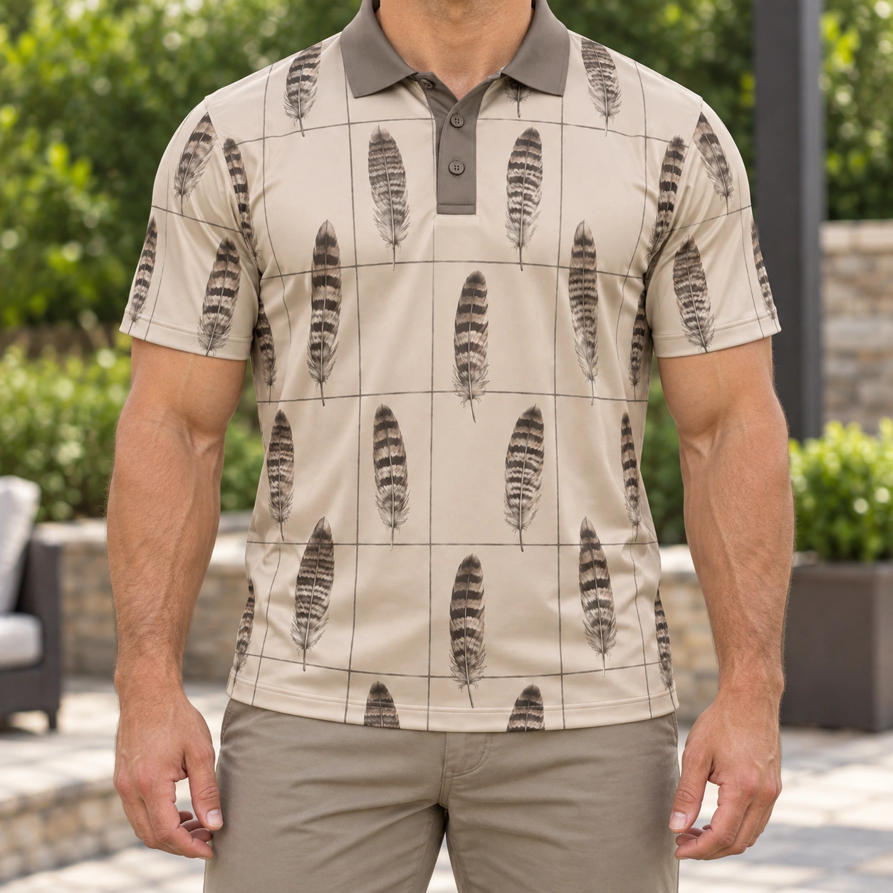 Turkey Feather Fine Window Oat Graphite Polo Shirt - Model wearing the product