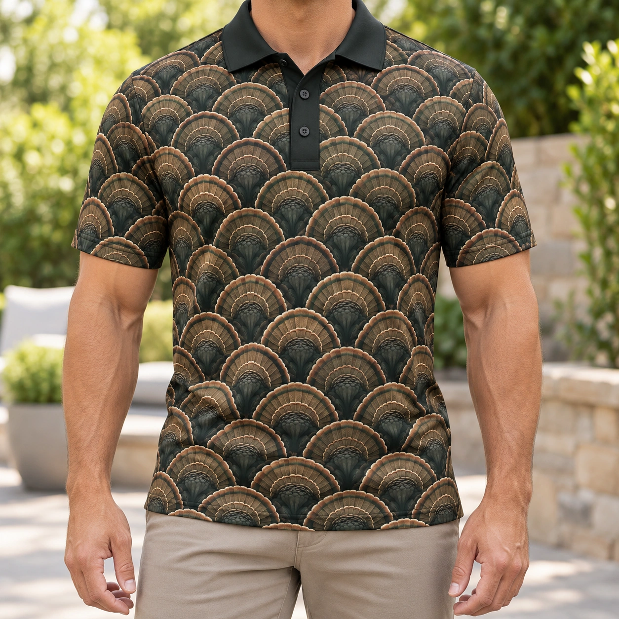 Turkey Grand Fan Mosaic Forest Bronze Polo Shirt - Model wearing the product