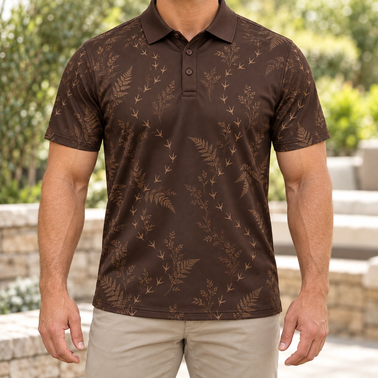 Turkey Track Fern Drift Espresso Stone Polo Shirt - Model wearing the product