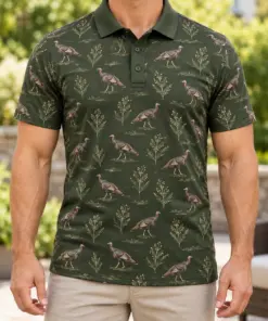 Turkey Walking Seed Ledger Moss Stone Polo Shirt - Model wearing the product