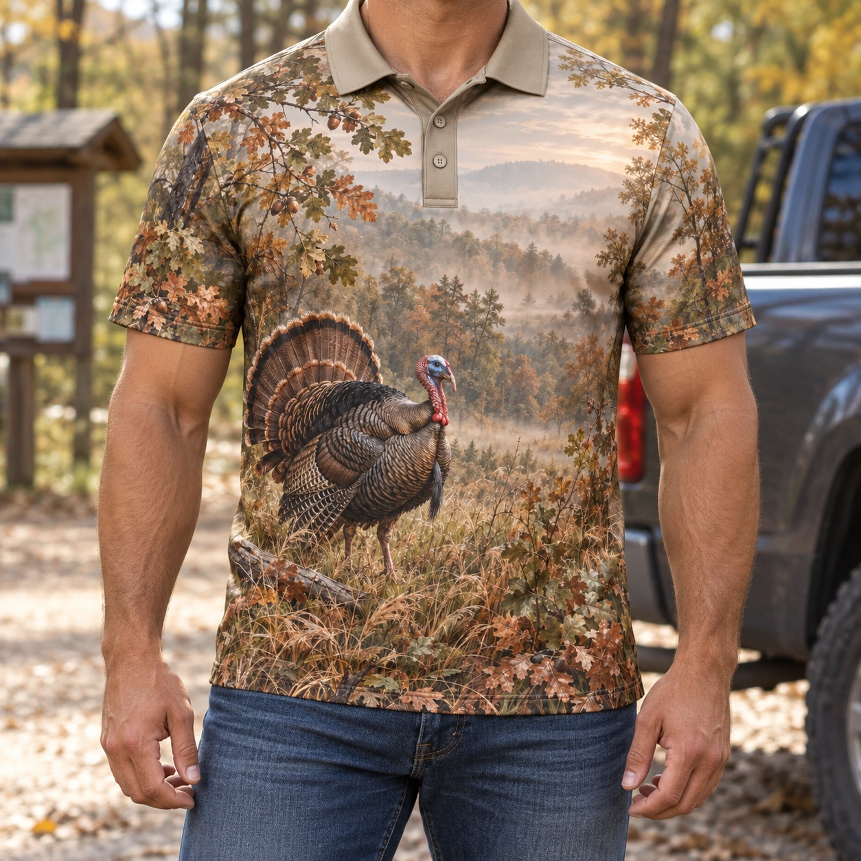 Turkey Woodland Morning Polo Shirt - Model wearing the product