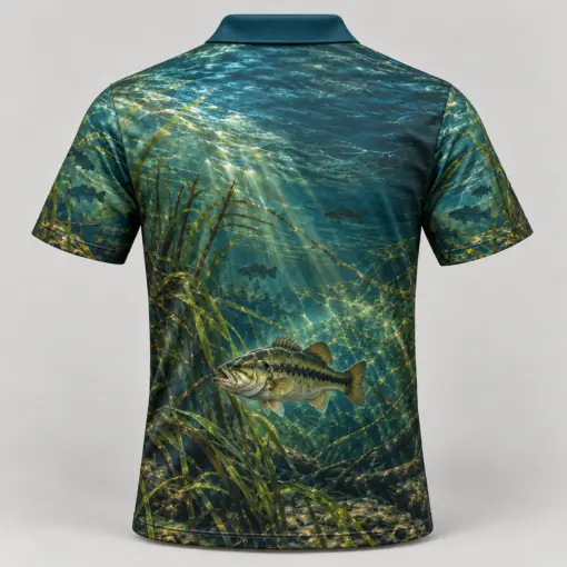 Underwater Bass Deep Teal Polo Shirt - Back view