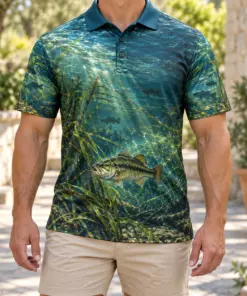 Underwater Bass Deep Teal Polo Shirt - Model wearing the product