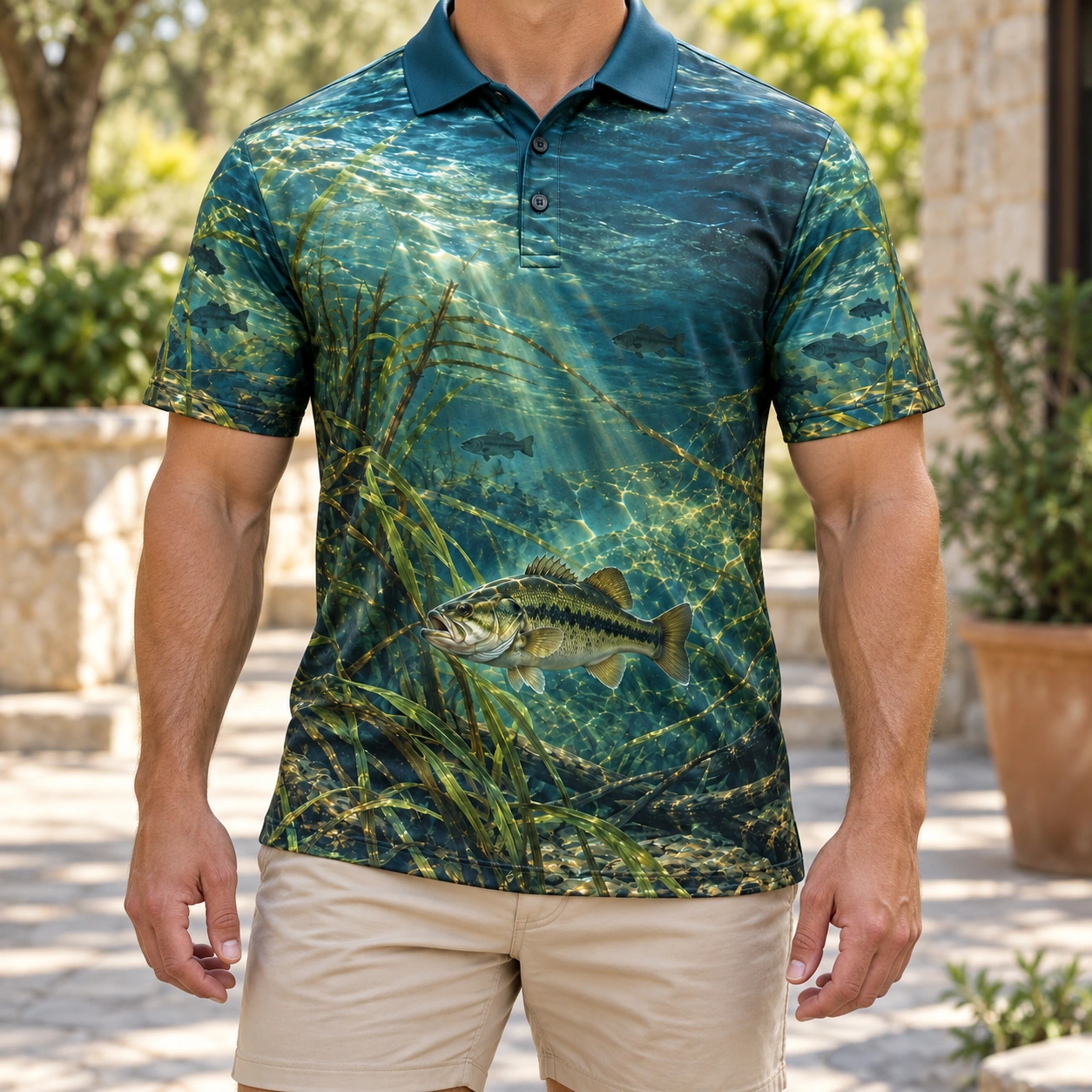 Underwater Bass Deep Teal Polo Shirt - Model wearing the product