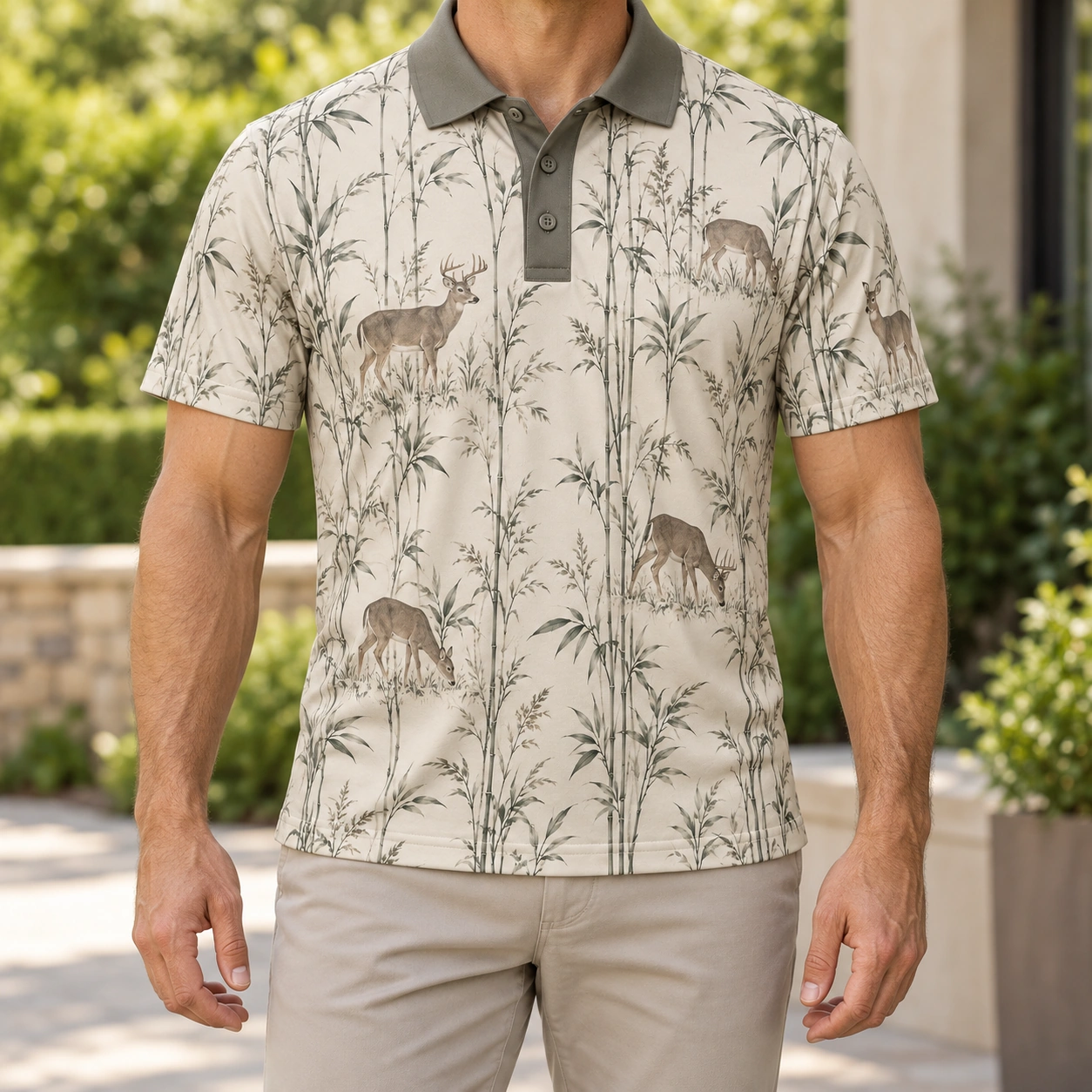 Whitetail Bamboo Etching Pearl Moss Polo Shirt - Model wearing the product