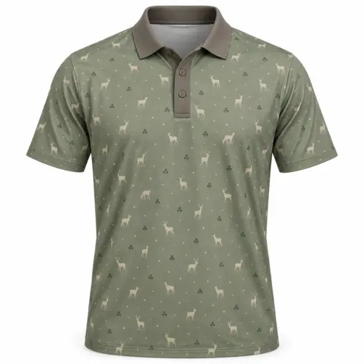 Whitetail Clover Pin Dot Sage Taupe Polo Shirt - Front view