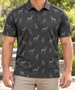 Whitetail Fern Ledger Graphite Sage Polo Shirt - Model wearing the product