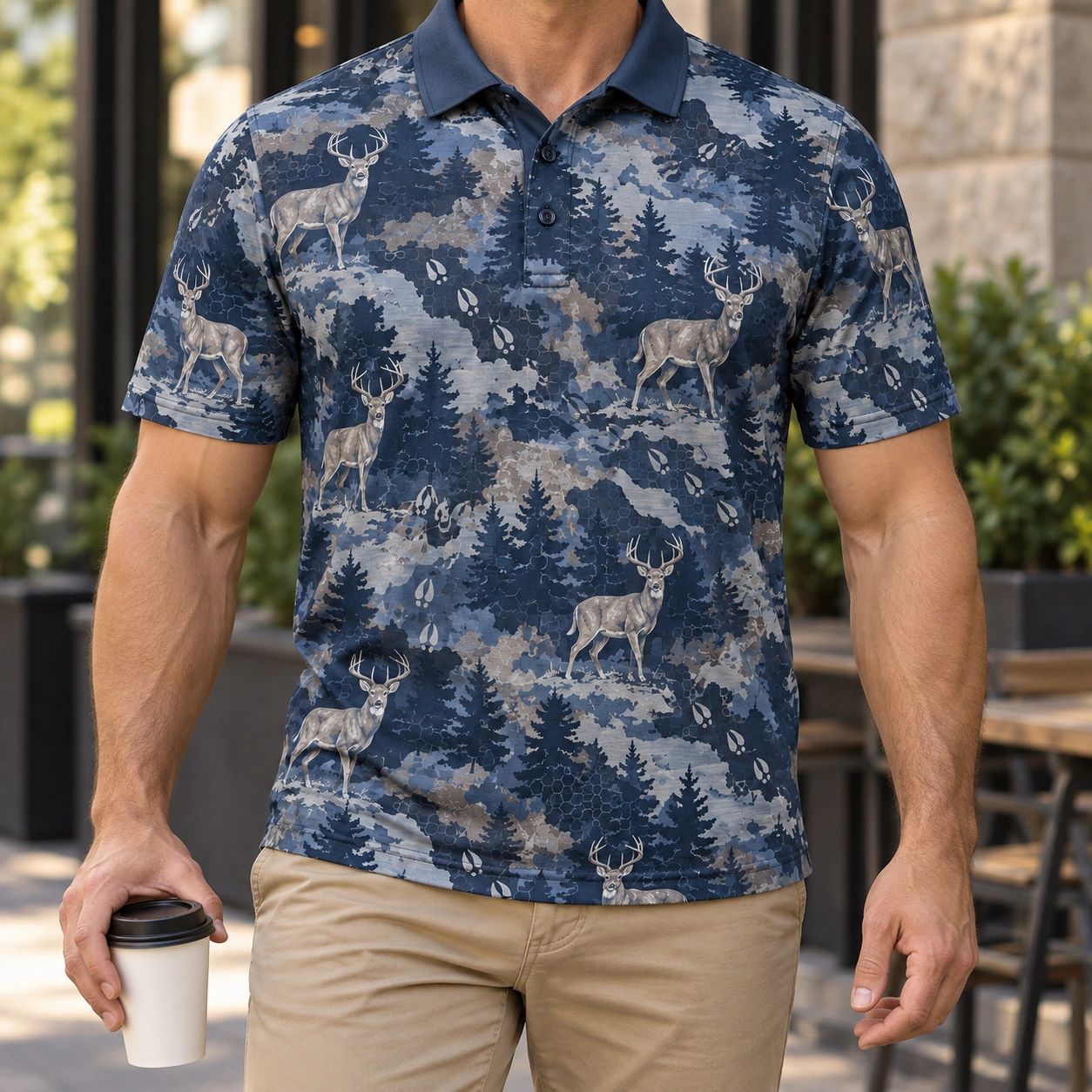 Whitetail Woodland Night Timber Polo Shirt - Model wearing the product