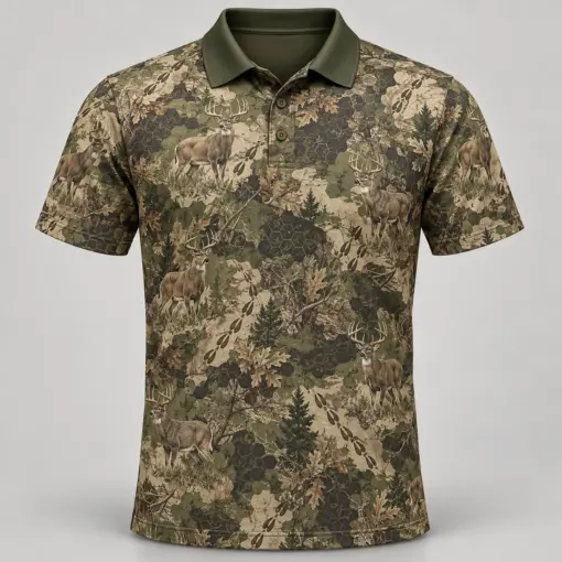 Whitetail Woodland Olive Tracks Polo Shirt - Front view