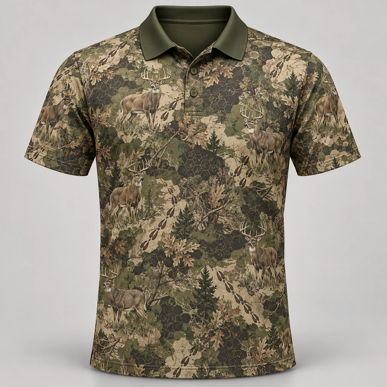 Whitetail Woodland Olive Tracks Polo Shirt - Front view