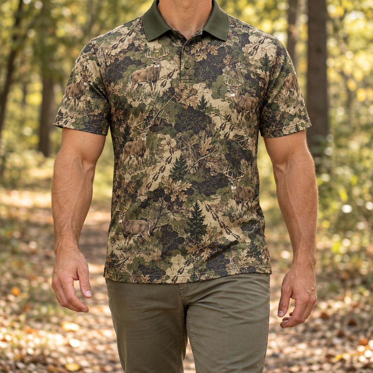Whitetail Woodland Olive Tracks Polo Shirt - Model wearing the product