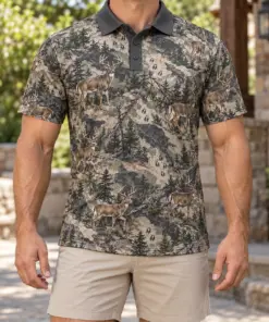 Whitetail Woodland Stone Forest Polo Shirt - Model wearing the product