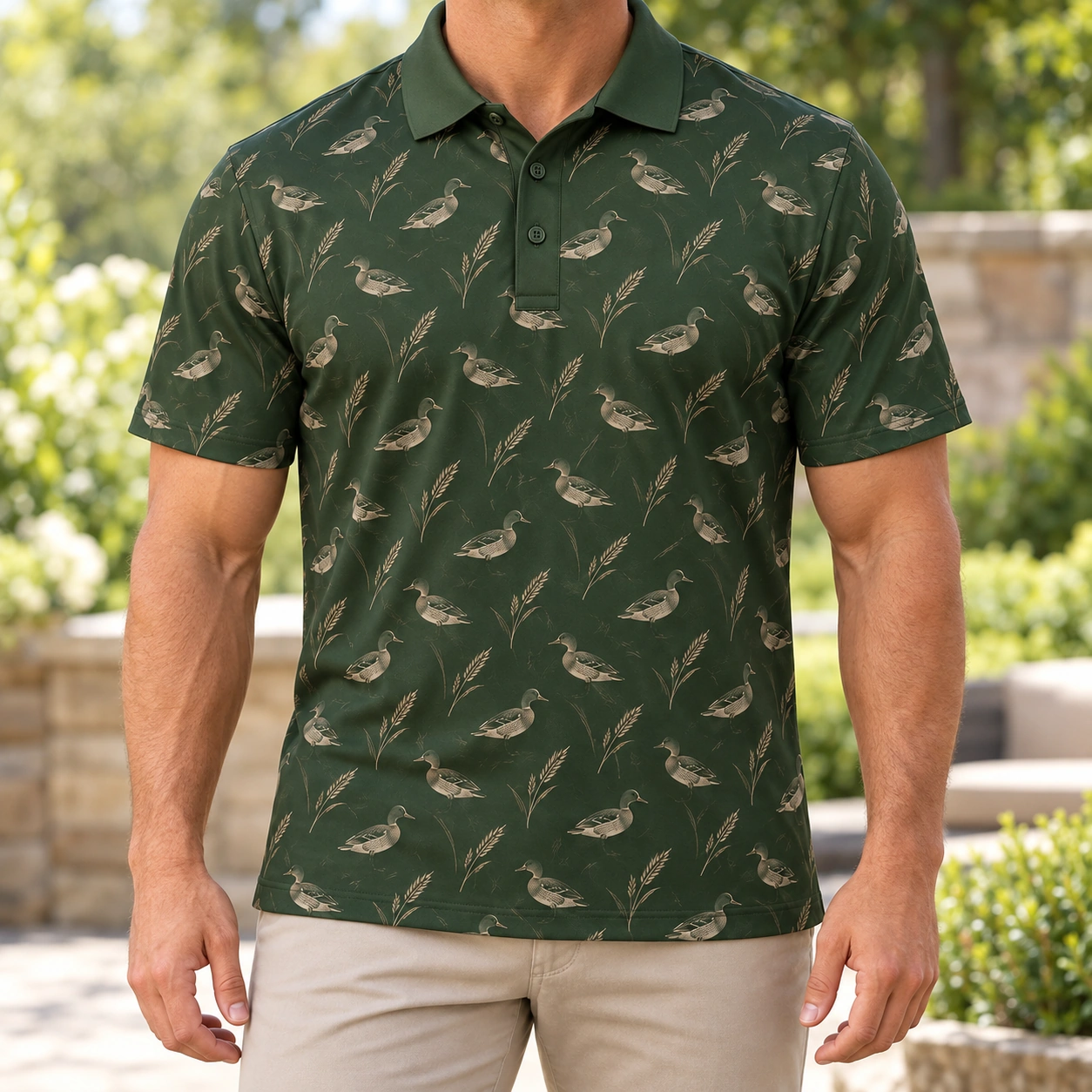 Wigeon Grass Medley Moss Sand Polo Shirt - Model wearing the product