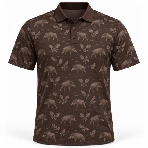 Wild Boar Oak Etching Espresso Taupe Polo Shirt - Front view
