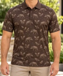 Wild Boar Oak Etching Espresso Taupe Polo Shirt - Model wearing the product