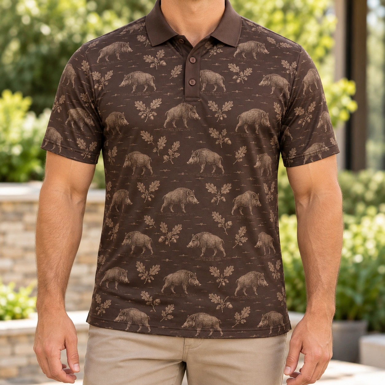 Wild Boar Oak Etching Espresso Taupe Polo Shirt - Model wearing the product