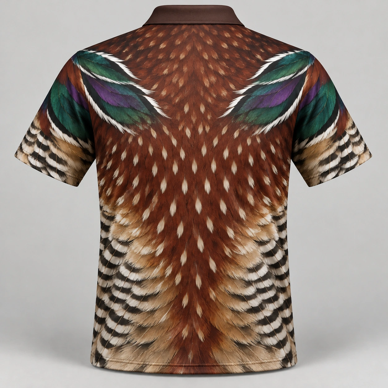 Wood Duck Feathers Chestnut Emerald Polo Shirt - Back view