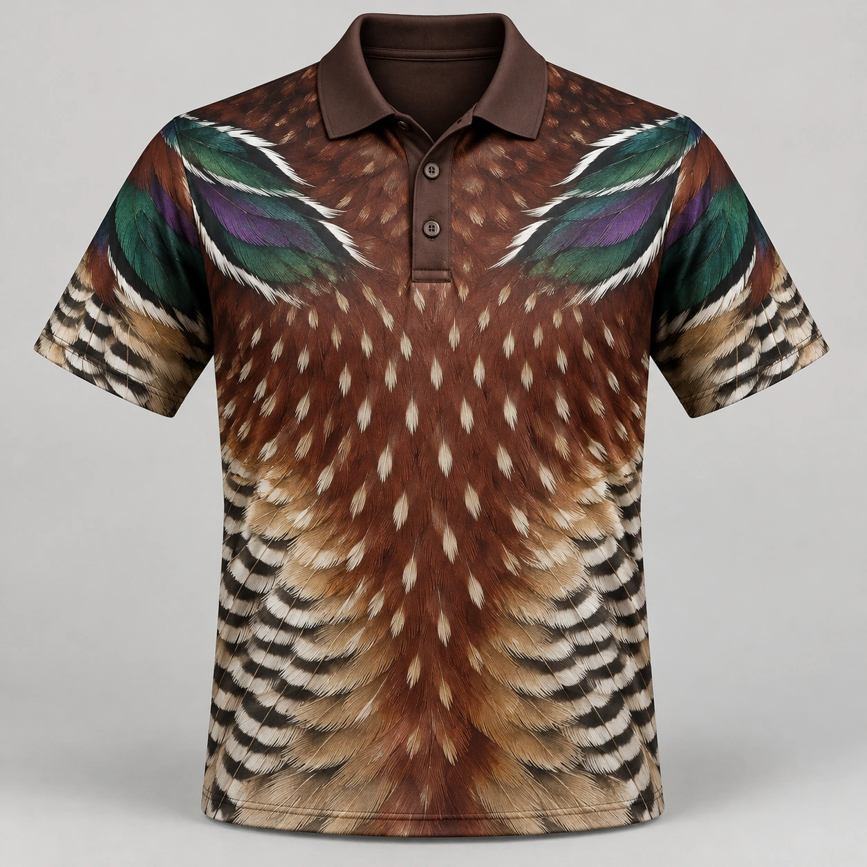 Wood Duck Feathers Chestnut Emerald Polo Shirt - Front view