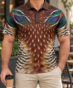 Wood Duck Feathers Chestnut Emerald Polo Shirt - Model wearing the product