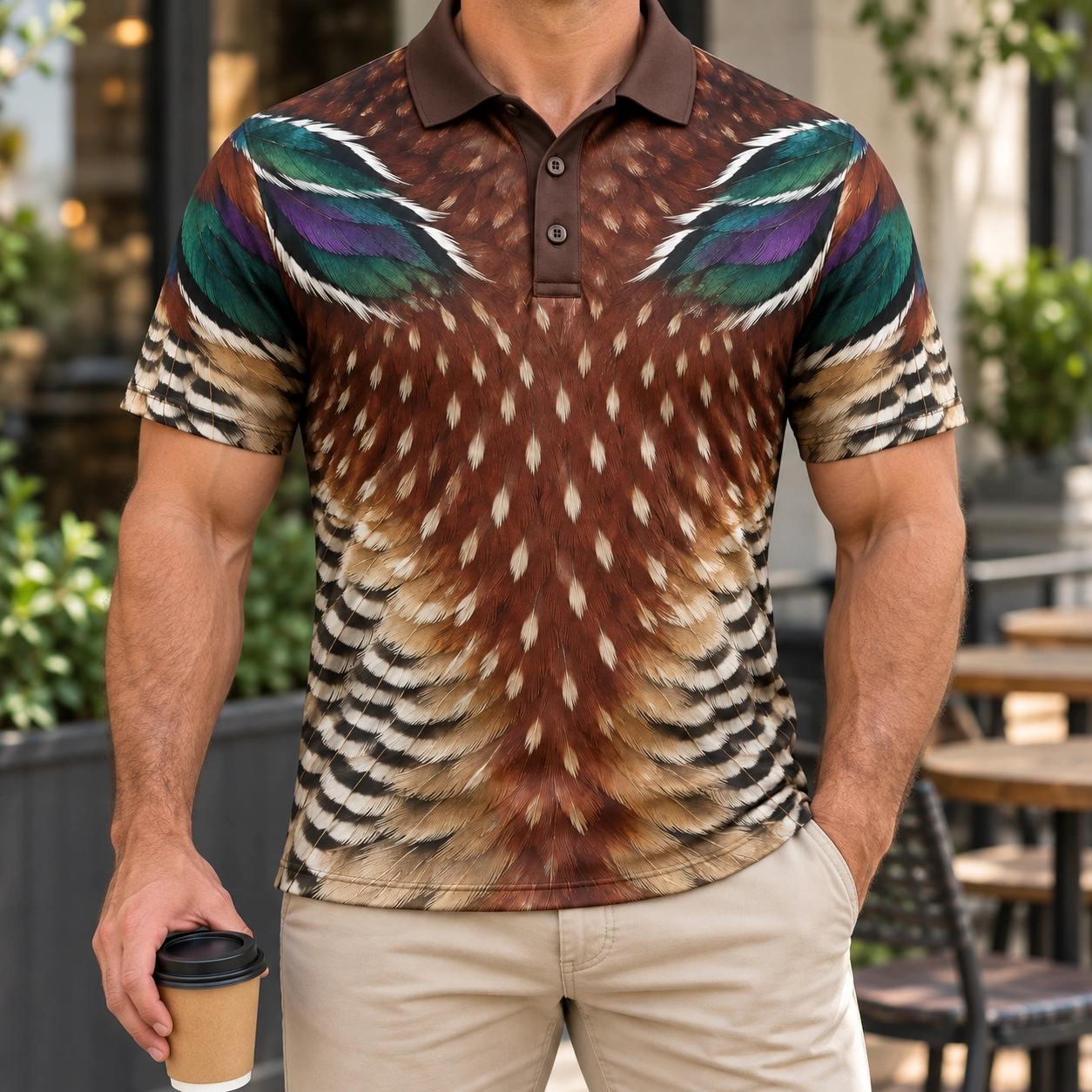 Wood Duck Feathers Chestnut Emerald Polo Shirt - Model wearing the product