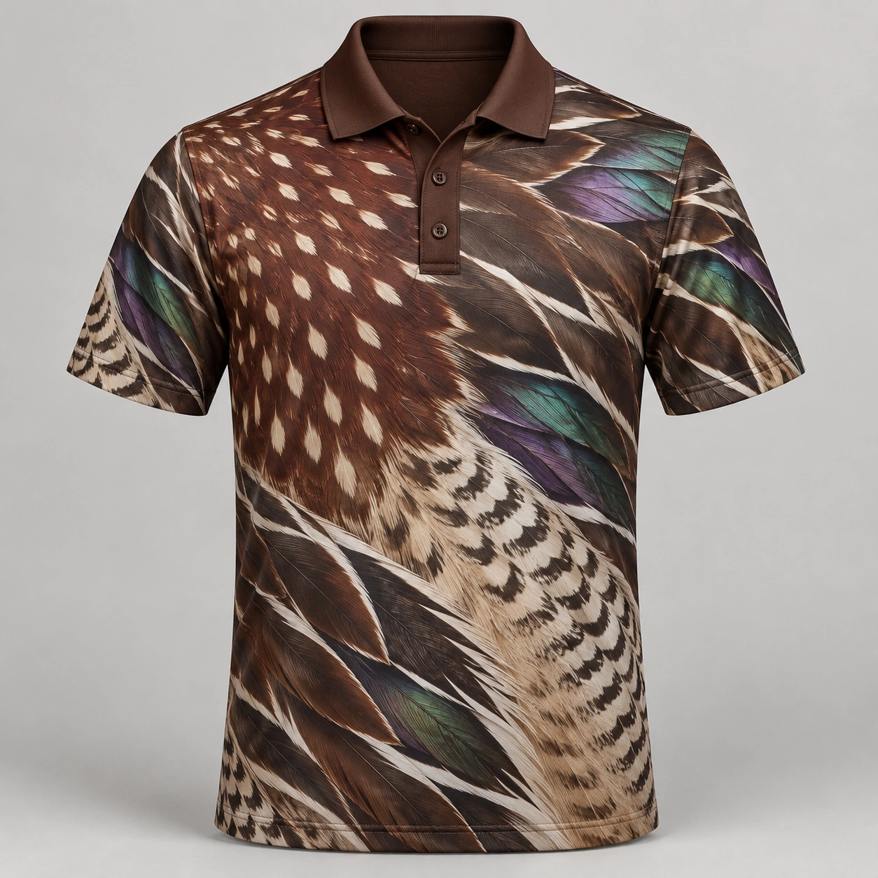 Wood Duck Feathers Espresso Pearl Polo Shirt - Front view
