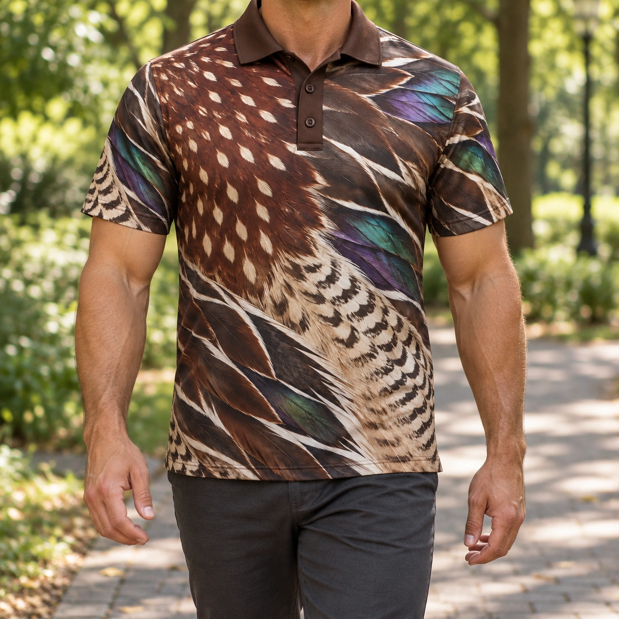 Wood Duck Feathers Espresso Pearl Polo Shirt - Model wearing the product