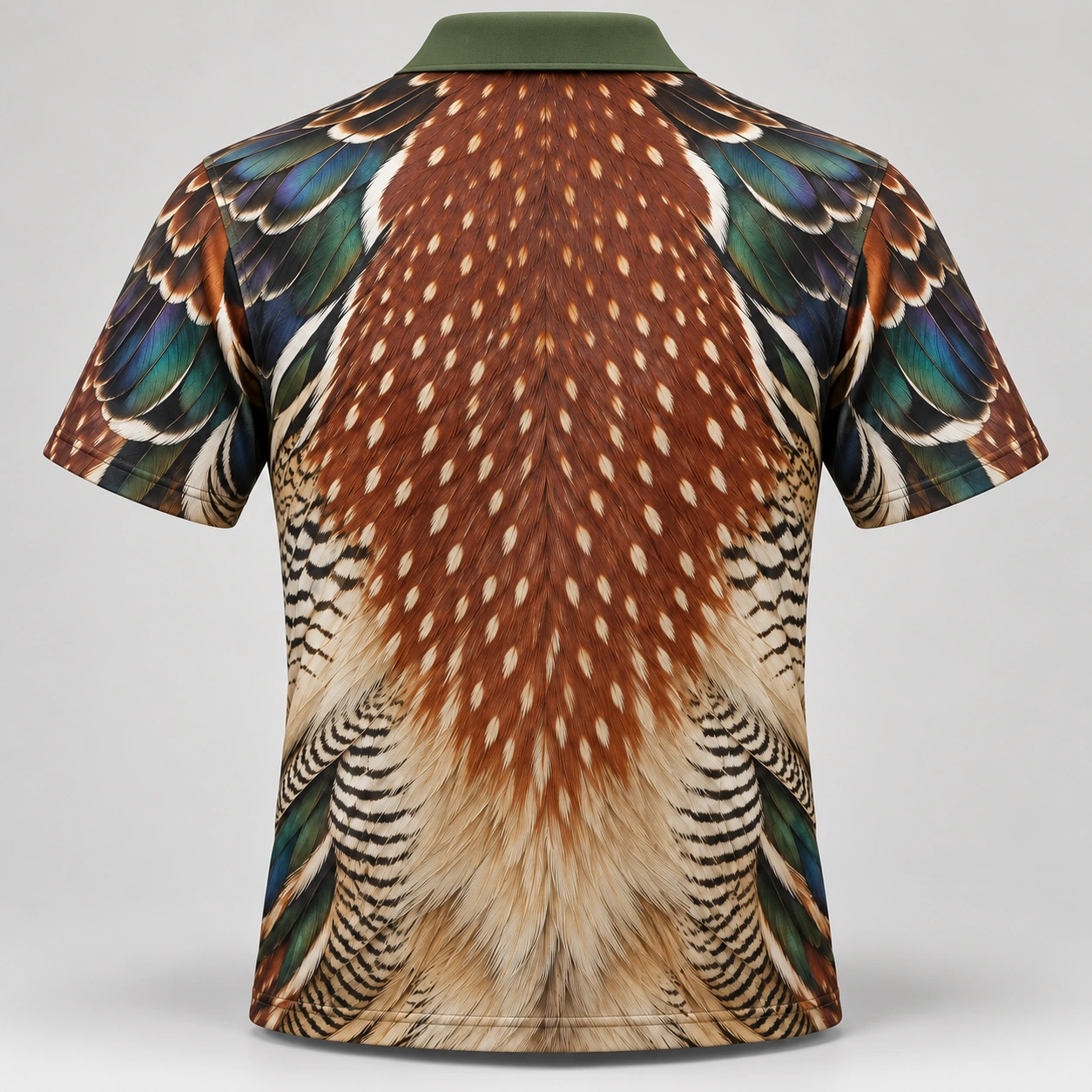 Wood Duck Feathers Moss Copper Polo Shirt - Back view