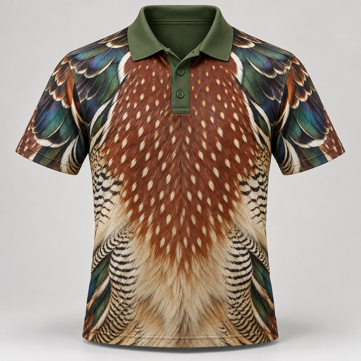 Wood Duck Feathers Moss Copper Polo Shirt - Front view
