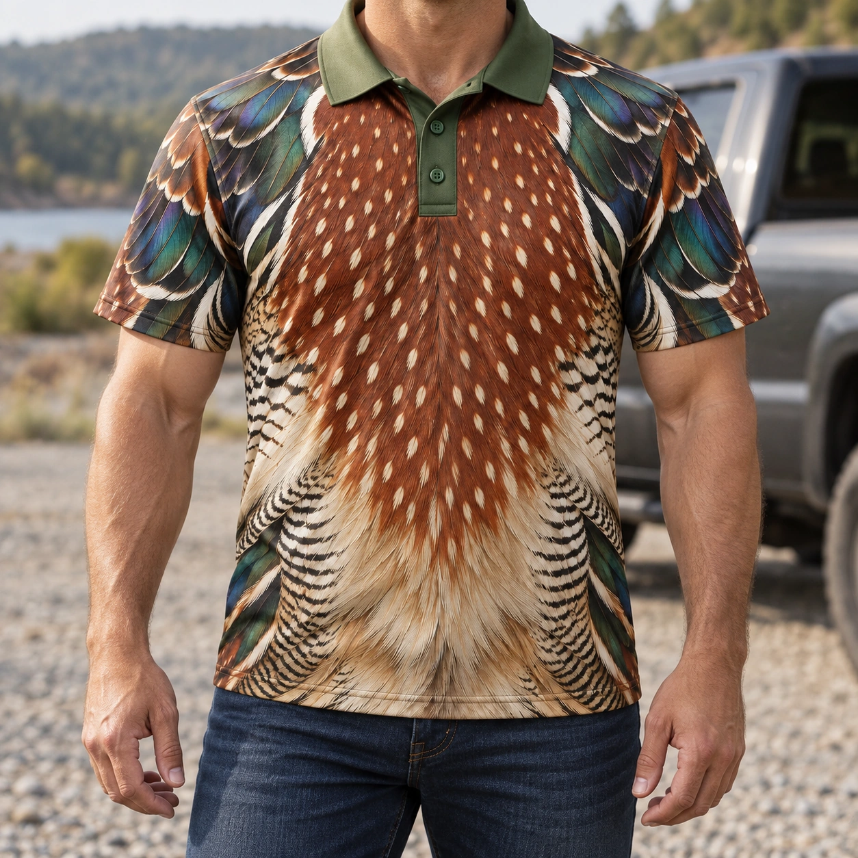 Wood Duck Feathers Moss Copper Polo Shirt - Model wearing the product